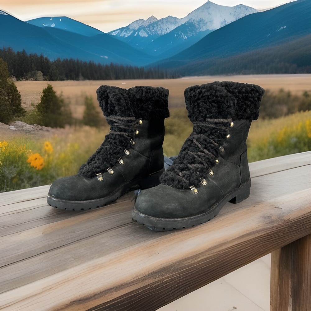 UGG Fraser Boots Sherling Black Water-resistant Leather Womens US 9